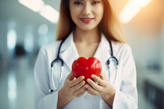 In the hospital corridor's soft blur, a compassionate female doctor clutches a tiny red plastic heart—a symbol of care and dedication in the realm of medicine. Generative AI