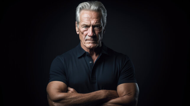 Mysterious man with gray hair, wearing a black polo shirt, standing with his arms crossed against a black background