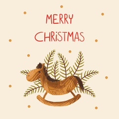 Christmas Print with Wooden Horse and Spruce Leaves. Merry Christmas and Happy New Year  greeting cards, posters, holiday covers. 