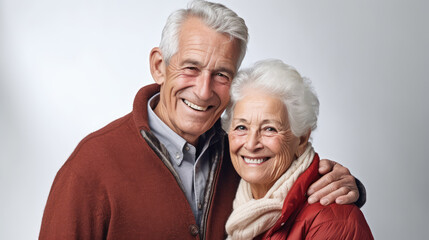 Senior couple smiling on bright background, happy love life of older man and woman
