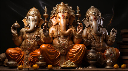 Fototapeta premium the ganeshas are pictured in their sitting pose, with gold plated hands & arms made with AI generative technology