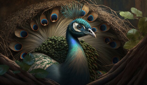 Peacock with birds nest realistic impressive Ai generated art