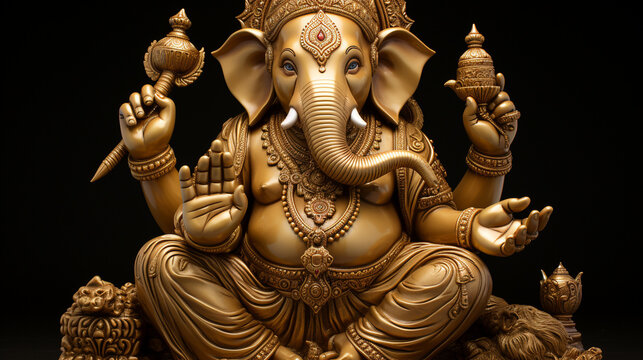 the ganeshas are pictured in their sitting pose, with gold plated hands & arms made with AI generative technology