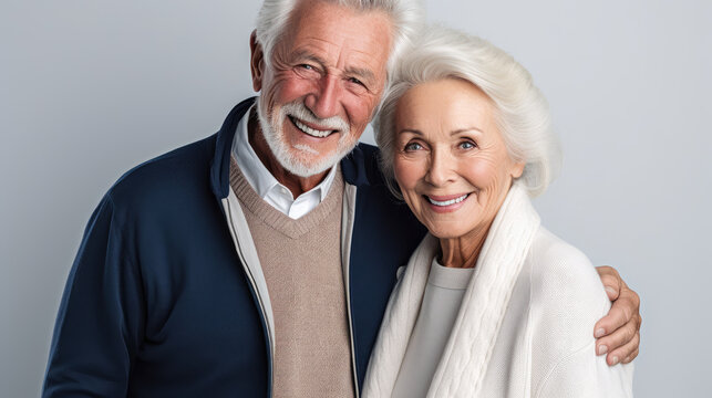Senior couple smiling on bright background, happy love life of older man and woman