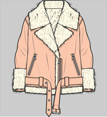 SHEARLING COLLAR LONG LENGTH JACKET WITH PLUSH TRIMS DESIGNED FOR WOMEN AND YOUNG WOMEN IN VECTOR ILLUSTRATION © JUSTDZINE