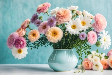 Obraz premium a vibrant bouquet of roses, tulips, and daisies in a crystal vase.