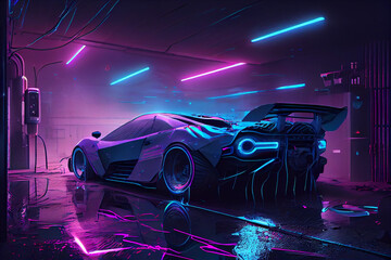 cyberpunk style, sports car On a wet garage floor with bright blue neon stripes