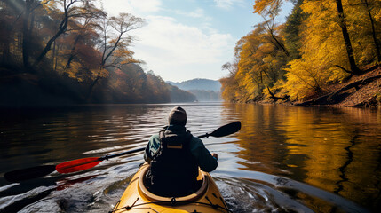 A tranquil kayaking adventure down a serene autumn river, surrounded by nature's colorful embrace and a sense of calm serenity. Generative AI