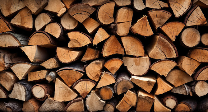 stacked loggs of fire wood texture background. Dry chopped firewood logs. Wooden pile texture. Log background.
