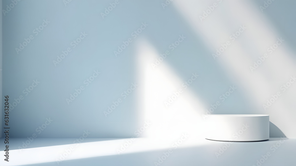 Poster minimal abstract light blue background for product presentation. shadow and light from windows on pl