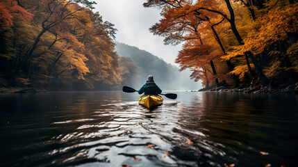 A tranquil kayaking adventure down a serene autumn river, surrounded by nature's colorful embrace and a sense of calm serenity. Generative AI - obrazy, fototapety, plakaty