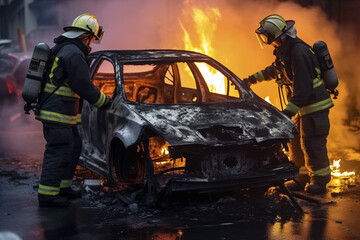 Obraz premium Firefighters inspect a smashed burning car