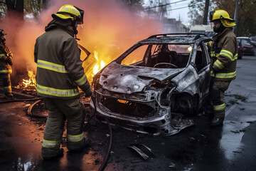 Firefighters inspect a smashed burning car