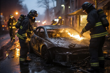 Firefighters inspect a smashed burning car