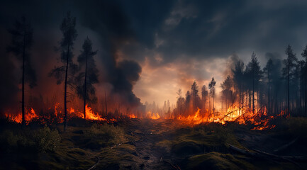 Fototapeta premium Intense flames from a massive forest fire. Flames light up the night as they rage thru pine forests and sage brush. digital ai