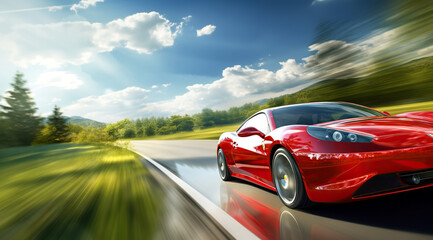 Red Business car on high speed in turn. Super car rushing along a high-speed highway with motion...