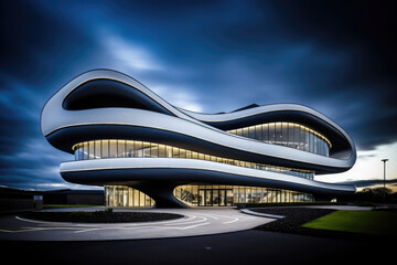 Naklejka premium Futuristic building exterior with illumination. Modern architecture with geometrical shapes