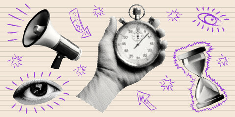 deadline time concept template design with megaphone hand holding stopwatch hourglass eye halftone dotted collage elements with crazy grunge doodle shapes - obrazy, fototapety, plakaty