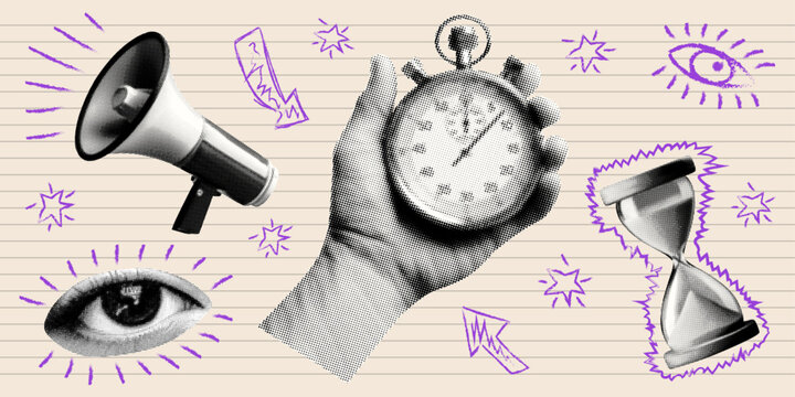 deadline time concept template design with megaphone hand holding stopwatch hourglass eye halftone dotted collage elements with crazy grunge doodle shapes