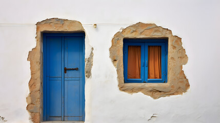 Old ancient colorful textured door and window in a stone wall in Greece, Oia, Santorini. Vintage...