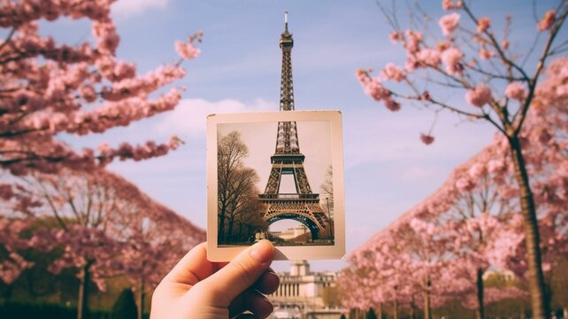 Hand holding polaroid photo up to Eiffel Tower in Paris, France