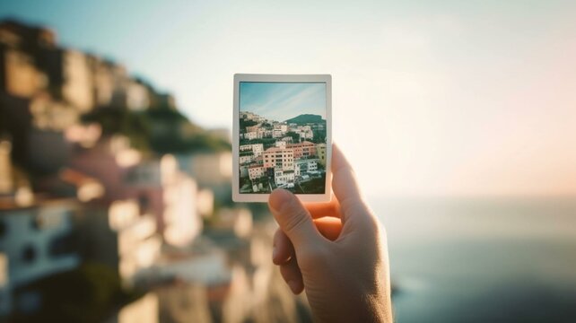 Hand holding polaroid photo up to travel destination