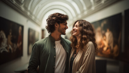 Young couple smiling at a museum - obrazy, fototapety, plakaty