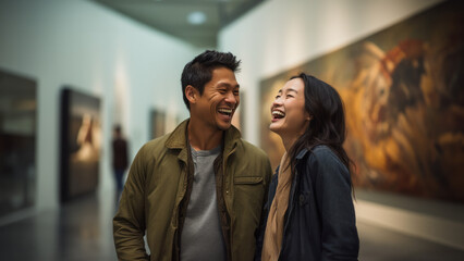 Young asian couple smiling at an art museum