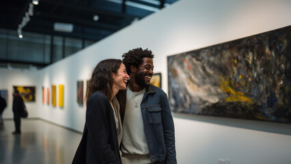 Diverse young couple smiling at an art museum - obrazy, fototapety, plakaty