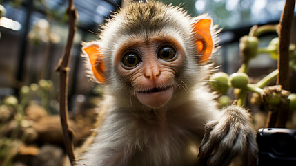 Cute innocent monkey looking ahead blur background | Generative Ai