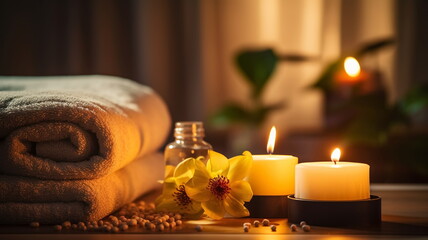 cozy spa salon candle blurred light ,beautiful flowers ,towel and tropical plant relaxing background 