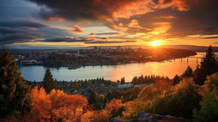 A city skyline at sunset. The city is surrounded by water and the sky is filled with orange and yellow clouds. The sun is setting on the horizon and the sky is a gradient of orange and yellow
