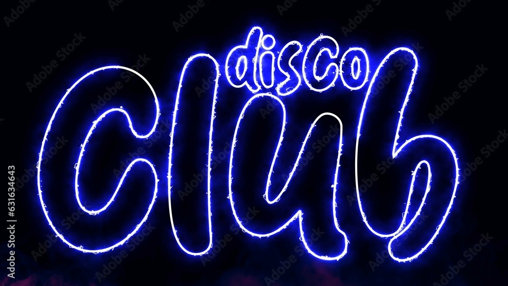 Poster disco club text font with neon light. luminous and shimmering haze inside the letters of the text di