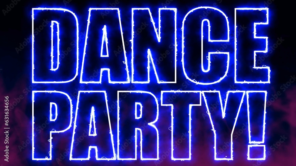 Poster dance party text font with neon light. luminous and shimmering haze inside the letters of the text d