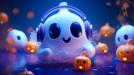 Naklejka premium Illustration of fairy cute fanny ghost in headphones. Halloween concept