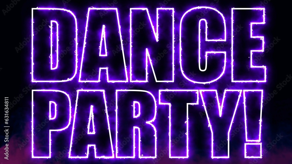 Poster dance party text font with neon light. luminous and shimmering haze inside the letters of the text d