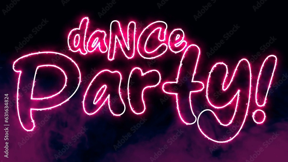 Poster dance party text font with neon light. luminous and shimmering haze inside the letters of the text d