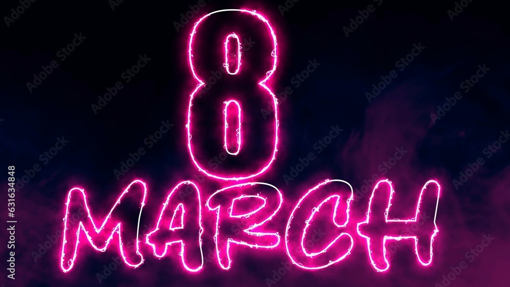 Poster 8 march text font with neon light. luminous and shimmering haze inside the letters of the text 8 mar