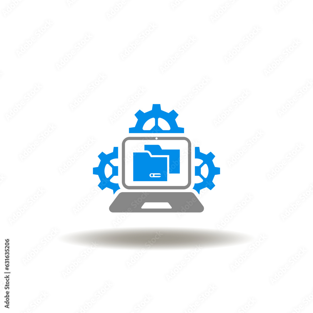 Poster vector illustration of laptop with folders and gear wheels mechanism. icon of file management. symbo