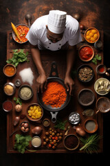 African chef in a gourmet restaurant, top view showing the table and ingredients