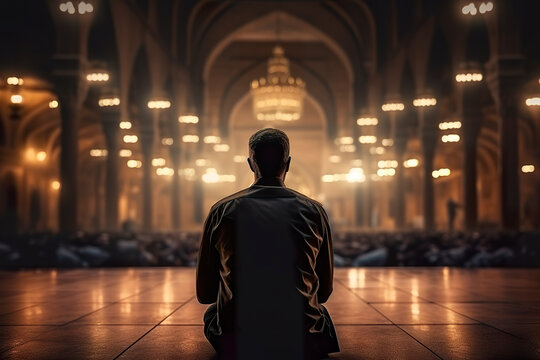 A serene perspective captures the back view of a devout Muslim man engaged in prayer within the tranquil ambiance of a mosque. Generative AI
