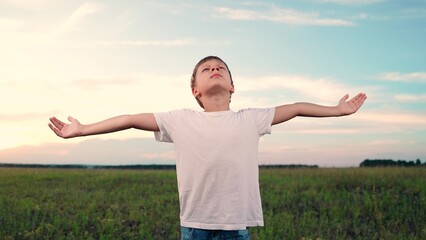 Fototapeta na wymiar Child dreams, plays in park against sky. Child raised his hands to sky in park at sunset, true faith. Little boy prays against sky. Religion and God, childhood dreams. Happy family. Boy look to sky