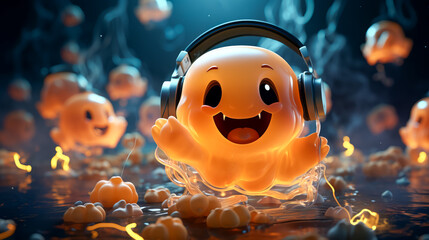 Illustration of fairy cute fanny ghosts in headphones. Halloween concept