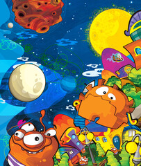 Cartoon funny colorful scene of cosmos galactic alien ufo isolated illustration for children