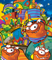 Cartoon funny colorful scene of cosmos galactic alien ufo isolated illustration for children