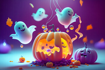 Obraz na płótnie Canvas Cute little ghosts flying around pumpkin, Halloween theme background illustration