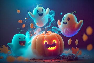 Fototapeta premium cartoon illustration of nice Halloween pumpkins ghosts with cute face. Halloween concept