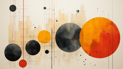 Abstract circles and lines in yellow and orange with black. Generative AI. 