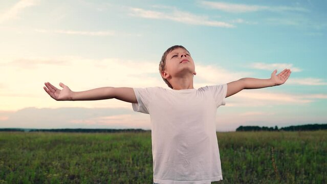 Child dreams, plays in park against sky. Child raised his hands to sky in park at sunset, true faith. Little boy prays against sky. Religion and God, childhood dreams. Happy family. Boy look to sky
