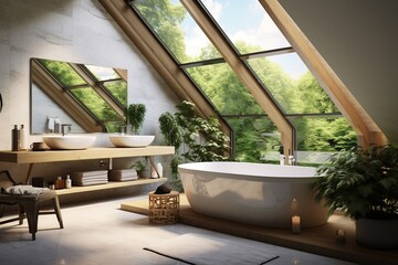 Modern Interior Design of a Bathroom, Huge Window viewing the Nature.